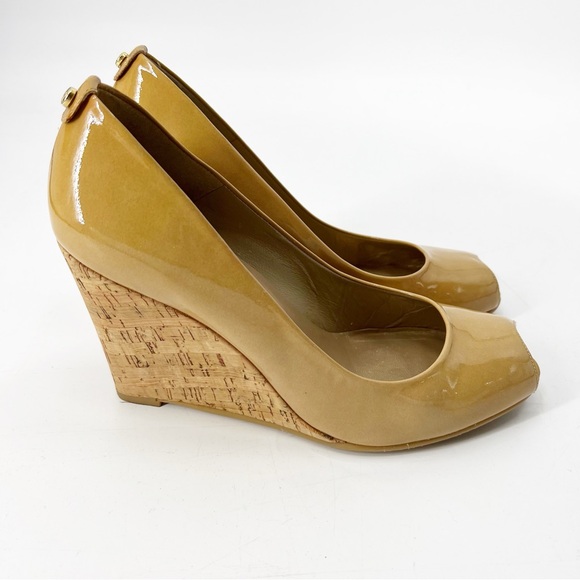Stuart Weitzman Patent Leather Cork Wedge Peep Toe Espadrille Size 11 - Picture 1 of 10